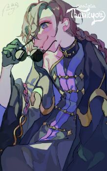 1boy black_coat braid brown_hair closed_mouth coat commentary_request commission cowboy_shot gold_trim grey_background hair_between_eyes highres holding holding_removed_eyewear long_hair male_focus open_clothes open_coat original purple_eyes purple_shirt round_eyewear shinjitsu_no_kuchi shirt signature skeb_commission sleeveless sleeveless_shirt smile solo sunglasses twin_braids unworn_eyewear