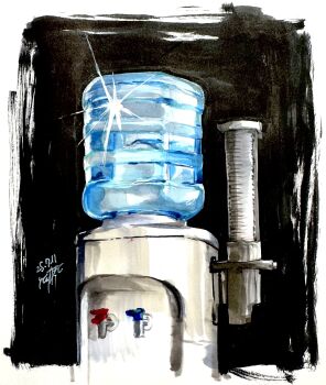 black_background border commentary cup dated deltarune disposable_cup faucet hashtag-only_commentary highres lecoxignal no_humans object_focus outside_border signature sparkle utdr_(toby_fox) water water_cooler white_border