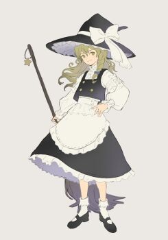 1girl apron black_hat black_shoes black_skirt black_vest blonde_hair bobby_socks bow braid broom closed_mouth commentary frilled_skirt frills fujie-yz full_body grey_background hat hat_bow highres holding holding_broom kirisame_marisa long_hair shirt shoes side_braid simple_background skirt socks solo touhou vest waist_apron white_bow white_shirt white_socks witch_hat yellow_eyes