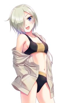 1girl black_bra black_panties blonde_hair blue_eyes bra breasts brown_jacket feet_out_of_frame hair_over_one_eye jacket kimizuka_aoi love_live! love_live!_nijigasaki_high_school_idol_club medium_breasts mia_taylor open_mouth panties short_hair simple_background solo sports_bra standing underwear white_background