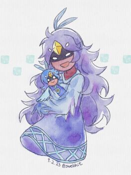 1girl absurdres alula_(oneshot) bird_girl blue_dress blue_feathers child commentary cropped_torso dated dress english_commentary extra_eyes feather_hair feathers highres holding holding_stuffed_toy long_hair monster_girl oneshot_(game) open_mouth painting_(medium) purple_hair simple_background smile solo square stuffed_toy swebkit traditional_media twitter_username upper_body watercolor_(medium) white_background