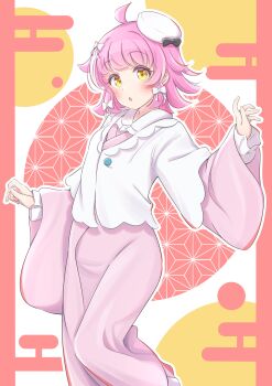 1girl :o absurdres ahoge asa_no_ha_(pattern) black_bow bow commentary_request egasumi feet_out_of_frame hair_bow hat hat_bow highres jacket japanese_clothes kimono kishimen_hair long_sleeves looking_at_viewer love_live! love_live!_nijigasaki_high_school_idol_club medium_hair pink_hair pink_kimono red_background solo tennoji_rina tilted_headwear white_bow white_hat white_jacket yellow_eyes yuuuta10628