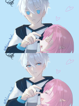 >_< 0_0 1boy 1girl absurdres ahoge blue_background blue_eyes commentary elf elysia_(honkai_impact) heart highres honkai_(series) honkai_impact_3rd jacket jutathip_ariel kevin_kaslana long_hair multicolored_jacket multiple_views pink_hair pointy_ears scrunchie shirt short_hair smile twitter_username two-tone_jacket very_long_hair white_shirt wrist_scrunchie