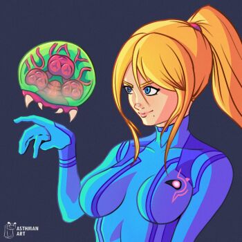 1girl alien arm_at_side artist_name asthman blonde_hair blue_bodysuit blue_eyes bodysuit breasts collarbone curious eyelashes female_focus floating hair_between_eyes hand_up high_ponytail large_breasts long_hair looking_at_another metroid metroid_(creature) mole mole_under_mouth neck nintendo ponytail print_bodysuit samus_aran sidelocks simple_background skin_tight smirk swept_bangs turtleneck turtleneck_bodysuit upper_body v-shaped_eyebrows zero_suit