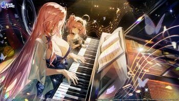 2girls ahoge azur_lane breasts cleavage commentary copyright_name copyright_notice dress english_commentary from_above grand_piano highres instrument jacket jacket_on_shoulders large_breasts lexington_(azur_lane) lexington_ii_(azur_lane) long_hair multiple_girls music off_shoulder official_alternate_costume official_art on_piano piano piano_bench pink_eyes pink_hair playing_instrument playing_piano purple_dress saratoga_(azur_lane) saratoga_(morning_over_azure_sky)_(azur_lane) shawl sheet_music siblings sisters sitting very_long_hair white_shawl xude