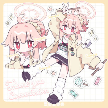 1girl black_shoes black_skirt blue_archive blush candy closed_mouth commission drumsticks food hair_ornament hair_scrunchie halo holding holding_drumsticks index_finger_raised jacket koru_koruno leg_warmers long_sleeves multiple_views natsu_(band)_(blue_archive) natsu_(blue_archive) open_clothes open_jacket parted_lips pink_hair pleated_skirt ponytail red_eyes scrunchie shirt shoes sidelocks simple_background skeb_commission skirt sparkle t-shirt v white_leg_warmers white_shirt yellow_jacket