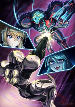 2girls arm_cannon artist_name assault_visor blonde_hair blue_eyes blue_hair blue_skin canadiananiguy colored_skin commentary dark_samus english_commentary exposed_heart fighting firing glowing glowing_eyes heads-up_display highres light_suit_(metroid) long_hair metroid metroid_prime_2:_echoes mole mole_under_mouth multiple_girls nintendo open_mouth ponytail power_suit_(metroid) powering_up samus_aran science_fiction sweater user_interface veins weapon zero_suit