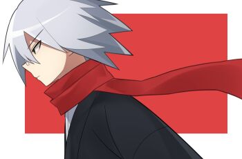 1boy black_kimono closed_mouth commentary_request from_side glasses green_eyes hair_between_eyes itoshiki_nozomu japanese_clothes kimono magusagari male_focus official_alternate_color official_alternate_hair_color outside_border portrait red_background red_scarf sayonara_zetsubou_sensei scarf solo white_hair