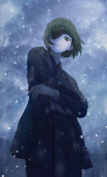 1girl absurdres black_jacket black_pants chainsaw_man cigarette eyepatch formal_clothes green_eyes green_hair highres himeno_(chainsaw_man) holding holding_cigarette jacket michikusaboushi_(p_o_q) overcast pant_suit pants short_hair sky snowing solo suit suit_jacket