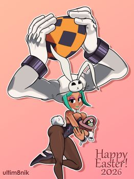 1girl 2026 3d absurdres artist_name basket blender_(medium) blush bow bowtie breasts cerebella_(skullgirls) cleavage dark-skinned_female dark_skin dated detached_collar drop_shadow easter easter_egg egg english_text eyeshadow foot_out_of_frame green_hair green_lips green_nails high_heels highres large_breasts leg_up leotard light_smile lipstick looking_at_viewer makeup nail_polish official_alternate_costume outline pantyhose playboy_bunny rabbit_ears rabbit_tail simple_background skullgirls smile solo standing standing_on_one_leg ultim8nik vice-versa_(skullgirls) white_outline wrist_cuffs