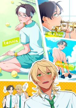 Rule 34 | 2boys, akutsu mabu, ball, black hair, blonde hair, blue necktie, blue shorts, blush, collared shirt, green necktie, headband, highres, instrument, male focus, multiple boys, multiple views, necktie, niiboshi reo, open mouth, rectangular eyewear, sarazanmai, shaaark rotta03, sharp teeth, shirt, short hair, shorts, socks, speech bubble, swimming, tan, teeth, tennis ball, translation request, trombone, white headband, white socks