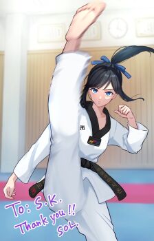 Rule 34 | 1girl, axe kick, barefoot, belt, black belt, black hair, black trim, blue eyes, blue ribbon, clock, commentary, commission, dojo, dougi, english commentary, english text, expressionless, feet, fighting stance, fingernails, highres, korean text, legs apart, original, parted lips, ponytail, ribbon, second-party source, shion aoyama, skeb commission, sol (solsalt255), soles, solo, straight hair, translation request, wall clock