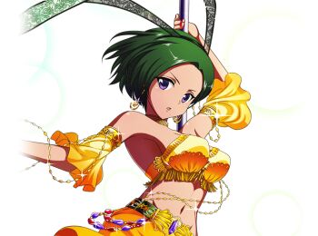 1girl arabian_clothes bare_shoulders breasts chain dancer dark_skin detached_sleeves earrings green_hair infinite_stratos infinite_stratos:_archetype_breaker jewelry large_breasts midriff nail_polish navel non-web_source official_art purple_eyes short_hair solo tan vishnu_isa_galaxy