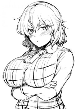 1girl :t arms_under_breasts ascot blush breasts closed_mouth collared_shirt commentary_request frown greyscale hair_between_eyes kazami_yuuka large_breasts long_sleeves looking_at_viewer monochrome plaid_clothes plaid_vest pout sadahiro_(chicken_nugget_gyuuniku_aji) shirt short_hair simple_background solo touhou upper_body v-shaped_eyebrows vest