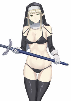 1girl asakiri_koko bikini black_bikini black_thighhighs blonde_hair blunt_bangs breasts cleavage commentary_request elbow_gloves elf gloves green_eyes highres holding holding_sword holding_weapon long_hair looking_at_viewer medium_breasts navel original pointy_ears sheath sheathed simple_background solo swimsuit sword thighhighs veil weapon white_background white_gloves