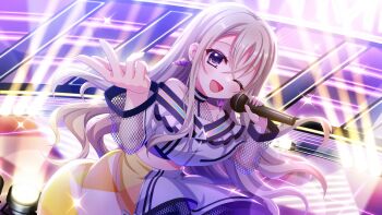 1girl ;d bare_shoulders concert cowboy_shot crop_top dot_nose earrings film_grain fishnet_sleeves fishnets game_cg grey_hair hair_between_eyes hand_up holding holding_microphone idol idol_clothes izumi_tsubasu jewelry leaning_forward lens_flare long_hair looking_at_viewer microphone midriff multicolored_skirt non-web_source off_shoulder official_art one_eye_closed open_mouth purple_eyes purple_skirt re:stage! sakura_miu skirt smile solo sparkle stage stage_lights triangle_earrings yellow_skirt