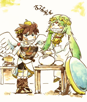 &gt;_&lt; 1boy 1girl alternate_costume angel angel_wings bowl brown_hair circlet commentary_request cooking_pot food food_on_head fruit full_body green_hair holding holding_bowl holding_knife kid_icarus kid_icarus_uprising knife mandarin_orange mochi nintendo object_on_head palutena pit_(kid_icarus) shield standing tongue tongue_out wings zeppann
