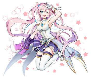 Rule 34 | 1girl, angelic buster, armpits, blue eyes, dragon wings, hamericano, highres, horns, maplestory, open mouth, pink hair, wings