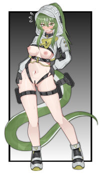 1girl absurdres ankle_boots arknights arknights:_endfield bar_censor black_background black_boots black_gloves blush boots border breasts bright_pupils censored chinese_commentary closed_mouth commentary_request embarrassed fingerless_gloves fluorite_(arknights) flying_sweatdrops full_body gloves gradient_background green_eyes green_hair green_tail grey_background grey_boots grey_hood hair_between_eyes hair_ornament hairclip hands_on_own_hips highres hood hood_up long_hair long_sleeves looking_at_viewer medium_breasts muusn navel nipples outside_border pussy skindentation solo standing sweat tail thigh_strap white_border white_pupils