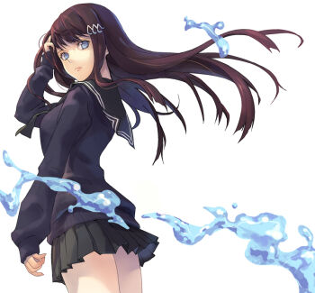 1girl adjusting_hair blue_eyes brown_hair eat eat0123 female_focus hair_ornament hairclip long_hair mosina official_art original school_uniform serafuku skirt solo water