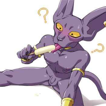 Rule 34 | 1boy, animal ears, blush, cat, cat ears, colored skin, dragon ball, dragonball z, dragonball z battle of gods, food, god of destruction beerus, male focus, nude, penis, popsicle, purple skin, sitting, solo, testicles
