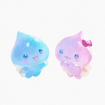 Rule 34 | blush stickers, bow, character request, commentary, eyelashes, floating, full body, highres, no humans, open mouth, pink bow, pururun! shizuku-chan, shiratsuyu mone, simple background, untranslatable commentary, white background, wings