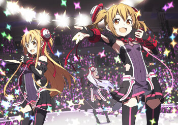 3girls :d armpits asuna_(sao) augma black_legwear black_sleeves blonde_hair breasts brown_eyes cosplay covered_navel detached_sleeves dress errant floating_hair hair_between_eyes hair_ribbon idol long_hair long_sleeves looking_back multiple_girls open_mouth outdoors outstretched_arm overskirt purple_dress red_eyes red_ribbon ribbon short_dress short_hair silica silver_hair small_breasts smile stage star_(symbol) sword_art_online thighhighs twintails very_long_hair yuna_(sao) yuna_(sao)_(cosplay) zettai_ryouiki