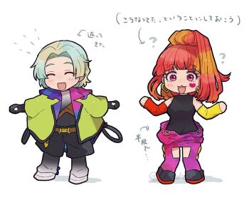 2girls blunt_bangs chiimako detached_hood earrings gnosia gradient_clothes gradient_shirt green_sleeves hair_between_eyes heart heart_earrings heart_tattoo high_ponytail jewelry long_hair long_sleeves looking_at_viewer multiple_girls ponytail red_eyes red_hair shirt smile sq_(gnosia) tattoo two-tone_shirt yuri_(gnosia)