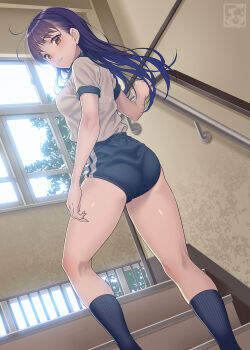 1girl ass black_buruma black_socks blush breasts brown_hair buruma commentary_request gym_shirt highres indoors long_hair looking_at_viewer medium_breasts original pairan parted_lips purple_eyes railing shirt socks solo stairs thighs white_shirt window