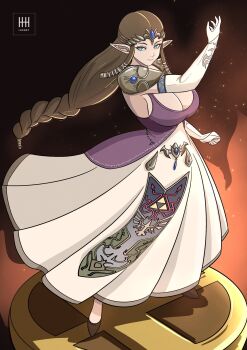 1girl braid breasts brown_hair cleavage crown_braid dress female_focus hair_ornament ihsnet large_breasts looking_at_viewer nintendo pointy_ears princess_zelda smile solo the_legend_of_zelda the_legend_of_zelda:_twilight_princess