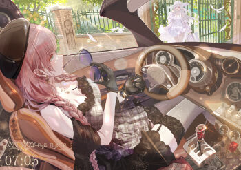 2girls bag bird black_garter_straps black_gloves black_hat braid breasts car cleavage commentary dress earrings english_commentary falling_feathers feathers garter_straps gloves grey_thighhighs hand_up hat highres holding holding_bag holding_removed_eyewear ito_lab jewelry long_hair motor_vehicle multiple_girls on_car original outdoors parted_lips pigeon pink_hair sitting standing sun_hat sunglasses thigh_strap thighhighs twin_braids unworn_eyewear watch white_bag white_dress white_hair white_hat wristwatch yawning