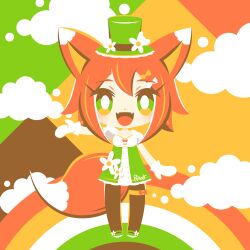 Rule 34 | 1girl, animal ears, arm up, black pantyhose, collarbone, dress, fox ears, fox tail, green dress, green eyes, green footwear, green hat, hair between eyes, hat, highres, hotate oishii, limited palette, looking at viewer, mittens, open mouth, original, pantyhose, rainbow, short hair, solo, tail, white mittens