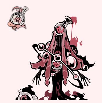 1girl absurdres bubble distortion_(project_moon) faust_(project_moon) flask glass_bottle highres limbus_company liquid pink_background project_moon solo sweater teko1193