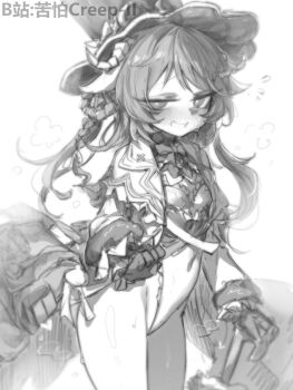1girl alternate_costume animal_ears arknights bilibili_username blush chinese_commentary commentary covered_navel cowboy_shot eyjafjalla_(arknights) gloves greyscale hat highres horns kupa_(jesterwii) long_hair monochrome parted_lips sheep_ears sheep_girl sheep_horns