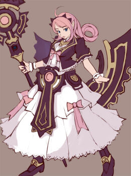 Rule 34 | 1girl, ahoge, blue eyes, bow, dress, female focus, kawa akira, long hair, pink hair, pixiv fantasia, pixiv fantasia 1, solo, staff, wrist cuffs