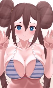 1girl absurdres against_glass bikini blue_bikini blue_eyes blush breasts brown_hair cleavage closed_mouth collarbone commentary_request donut_hair_bun double_bun eka_kinoko hair_bun hands_up highres large_breasts long_hair looking_at_viewer nintendo pokemon pokemon_bw2 rosa_(pokemon) simple_background solo striped_bikini striped_clothes sweat swimsuit twintails upper_body very_long_hair white_background white_bikini