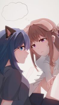 2girls animal_ears black_shorts blue_eyes blue_hair brown_hair cat_ears commentary dog_ears dress_shirt earrings fake_animal_ears grey_shirt hair_between_eyes hashtag-only_commentary highres jewelry long_hair medium_hair mim120809 miyagi_shiori multiple_girls open_mouth purple_eyes sendai_hazuki shirt shorts shuuniichido_classmate_wo_kau_hanashi sidelocks stud_earrings white_shirt yuri