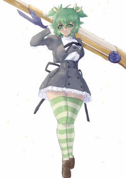 1girl antenna_hair arm_behind_back arm_behind_head assault_lily black_ribbon black_skirt blush breasts brown_shoes buttons closed_mouth commentary cropped_jacket dalia_(flagdali) falling_petals fang fang_out frilled_skirt frills full_body green_eyes green_hair green_thighhighs hair_between_eyes hair_ribbon hand_up high-waist_skirt highres holding holding_behind_back holding_sword holding_sword_behind_back holding_weapon holding_weapon_behind_back juliet_sleeves loafers long_sleeves looking_at_viewer medium_breasts miniskirt neck_ribbon petals puffy_sleeves ribbon school_uniform shirt shoes short_hair simple_background skirt solo standing striped_clothes striped_thighhighs sword thigh_gap thighhighs two_side_up weapon white_background white_shirt yellow_ribbon yoshimura_thi_mai yurigaoka_girls_academy_school_uniform