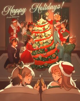4boys 6+girls antlers biyoo_(omniscient_reader's_viewpoint) black_hair black_shirt bow brown_hair character_ornament christmas_tree cup dress earrings everyone green_hoodie green_sweater grin hair_bow han_sooyoung happy_holidays hat high_ponytail highres holding holding_cup hood hoodie horns jewelry jung_heewon kim_dokja lee_gilyoung lee_hyunsung lee_jihye long_hair looking_at_another lumolyv multiple_boys multiple_girls off-shoulder_sweater off_shoulder omniscient_reader's_viewpoint pointy_ears ponytail red_dress reindeer_antlers santa_costume santa_hat shin_yoosung shirt short_hair sidelocks smile striped_clothes striped_sweater sweater toasting_(gesture) tree yoo_joonghyuk yoo_mia yoo_sangah