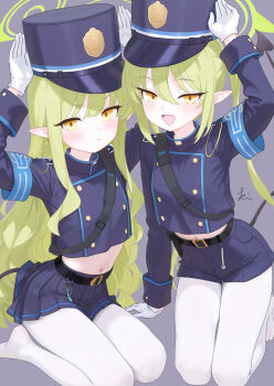 2girls :&lt; :d absurdres black_hat black_jacket black_shorts black_skirt blue_archive blush buttons commentary demon_girl demon_tail double-breasted earrings eyelashes fang full_body gloves green_hair green_halo grey_background hair_between_eyes halo hand_up hat highres hikari_(blue_archive) jacket jewelry kneeling loli long_hair long_sleeves looking_at_viewer making_faces midriff miniskirt multiple_girls navel no_shoes nozomi_(blue_archive) open_mouth pantyhose peaked_cap pleated_skirt pointy_ears rabbit_pose rin_(rin0214tw) shorts siblings signature simple_background sisters sitting skin_fang skirt smile tail twins twintails v-shaped_eyebrows very_long_hair wavy_hair white_gloves white_pantyhose yellow_eyes