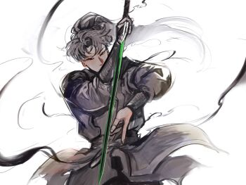 Rule 34 | 1boy, absurdres, black eyes, black hair, black robe, cowboy shot, curtained hair, high ponytail, highres, holding, holding sword, holding weapon, logicsterrr, looking at viewer, male focus, ponytail, robe, serious, shadow slave, short hair, solo, sunny (shadow slave), sword, weapon