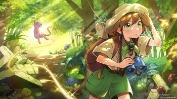 Rule 34 | 1boy, :o, applin, arm up, backpack, bag, belt, binoculars, breast pocket, brown bag, brown belt, brown hair, budding expeditioner (pokemon), bulbasaur, collared shirt, commentary request, day, exeggutor, forest, gen 1 pokemon, gen 2 pokemon, gen 3 pokemon, gen 5 pokemon, gen 8 pokemon, green eyes, green shorts, hat, holding, holding binoculars, legendary pokemon, light rays, looking up, male focus, mew (pokemon), mushroom, mythical pokemon, nagare750, nature, nintendo, oddish, open mouth, outdoors, pocket, pokemon, pokemon (creature), pokemon tcg, pokemon tcg pocket, rock, scroll, seedot, sewaddle, shirt, short hair, short sleeves, shorts, spinarak, sudowoodo, tangela, tree, watermark