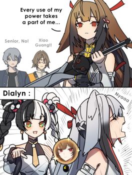 2boys 2girls animal_ears bare_shoulders black_hair china_dress chinese_clothes commentary crying detached_sleeves dialyn_(zenless_zone_zero) dorahdew dress earrings english_commentary english_text grey_eyes hair_ribbon highres horse_ears horse_girl jewelry long_hair multicolored_hair multiple_boys multiple_girls red_eyes red_ribbon ribbon split-color_hair sword weapon white_dress white_hair wise_(zenless_zone_zero) ye_shiyuan ye_shunguang yellow_eyes zenless_zone_zero