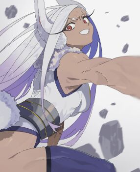 1girl animal_ears boku_no_hero_academia breasts commentary dark-skinned_female dark_skin from_side highres leotard long_hair looking_at_viewer machi_(wm) mirko purple_thighhighs rabbit_ears rabbit_girl rabbit_tail red_eyes smile solo tail thighhighs thighs white_hair white_leotard