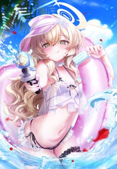 1girl :q absurdres alternate_costume arashiomoto bikini black_bikini blonde_hair blue_archive blue_sky blush breasts choker closed_mouth cloud commentary_request dot_nose fluffy_hair food frilled_bikini frilled_choker frilled_thigh_strap frills green_eyes hair_between_eyes hair_over_shoulder halo hat highres holding holding_food holding_popsicle holding_swim_ring holding_water_gun innertube licking_lips loli long_hair looking_at_viewer navel outdoors partially_submerged pink_hat pink_visor popsicle professor_niyaniya_(blue_archive) see-through_clothes side-tie_bikini_bottom side_ahoge sky small_breasts smile solo string_bikini swim_ring swimsuit thigh_gap thigh_strap thighs tongue tongue_out very_long_hair visor_cap water_drop water_gun wavy_hair white_choker yellow_halo