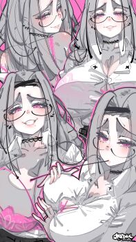 1girl absurdres artist_name black_choker bra breasts choker cleavage collared_shirt commentary english_commentary glasses grey_hair highres jewelry jrpencil large_breasts long_hair looking_at_viewer multiple_views original parted_lips pink_background pink_bra pink_eyes raised_inner_eyebrows ring shirt simple_background smile underwear white_shirt