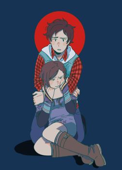 1boy 1girl :t aqua_vest arms_around_neck ayellowapple blue_eyes blush blush_stickers boots brown_boots brown_hair commentary dress english_commentary hands_on_another&#039;s_arm highres junpei_(kyokugen_dasshutsu) kneeling kurashiki_akane kyokugen_dasshutsu kyokugen_dasshutsu:_9_jikan_9_nin_9_no_tobira long_hair long_sleeves photo-referenced plaid_clothes plaid_shirt purple_dress red_shirt sad shirt short_hair simple_background vest