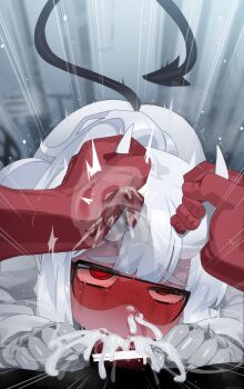 1boy 1girl absurdres bar_censor blush censored cum cum_in_mouth cum_in_nose cum_overflow deepthroat demon_girl demon_horns demon_tail ear_blush ejaculation erection fellatio goggles helltaker hetero highres horn_grab horns irrumatio lab_coat large_penis large_variant_set long_hair long_sleeves loremaster_(helltaker) mizumizuni nose_blush oral penis pov red-tinted_eyewear red_eyes solo_focus sweat tail tearing_up tinted_eyewear variant_set white_hair white_horns x-ray