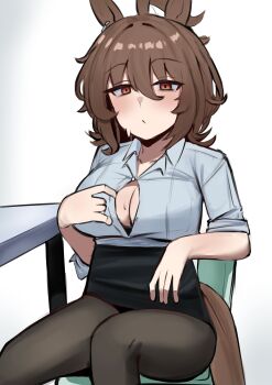 1girl :/ absurdres agnes_tachyon_(umamusume) ahoge animal_ears black_skirt blush breasts brown_hair brown_pantyhose button_gap chair cleavage closed_mouth collared_shirt ear_ornament earrings hair_between_eyes highres horse_ears horse_girl horse_tail iog626 jewelry large_breasts medium_hair on_chair pantyhose red_eyes shirt shirt_tucked_in short_sleeves single_earring sitting skirt sleeves_rolled_up solo sweat table tail umamusume white_shirt