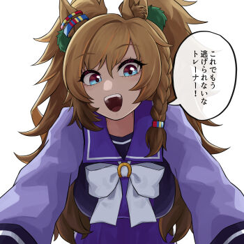 1girl absurdres animal_ears blast_onepiece_(umamusume) blue_eyes bow bowtie braid breasts brown_hair commentary_request fluffy_hair hair_between_eyes hair_ornament highres horse_ears horse_girl large_breasts long_hair looking_at_viewer messy_hair open_mouth purple_sailor_collar purple_shirt sailor_collar sailor_shirt sanada_ina school_uniform shirt side_braid simple_background smile solo speech_bubble teeth tracen_school_uniform translation_request twintails umamusume upper_teeth_only white_bow white_bowtie
